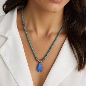 Atlantic Ocean. Blue and turquoise mix Beaded choker with drop pendant